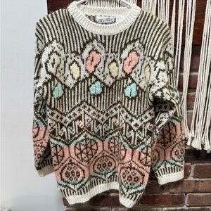 Vintage Cream, Olive, Pink & Mint Fair Isle Crewneck Sweater